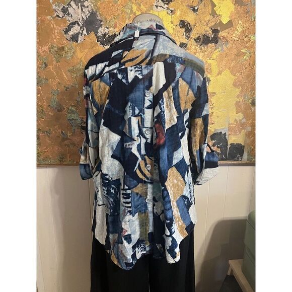 Dorman Art to Wear Womens XL Blue Tone Geometric Pattern Button Front Shirt - Picture 3 of 7